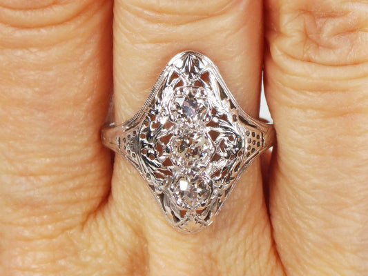 Antique 14k White Gold Diamond Filigree Ring: Art Deco Three-Stone Ring, Size 7