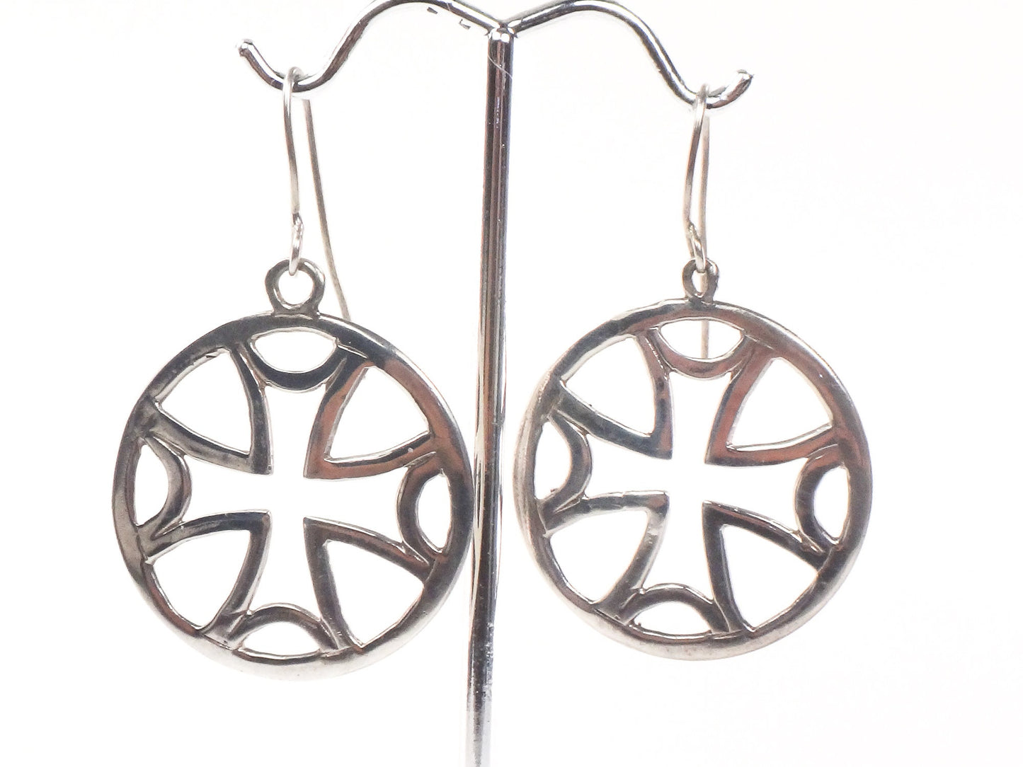 Large Sterling Silver Maltese Cross Earrings with Ear Wires Vintage Round Dangle Earrings