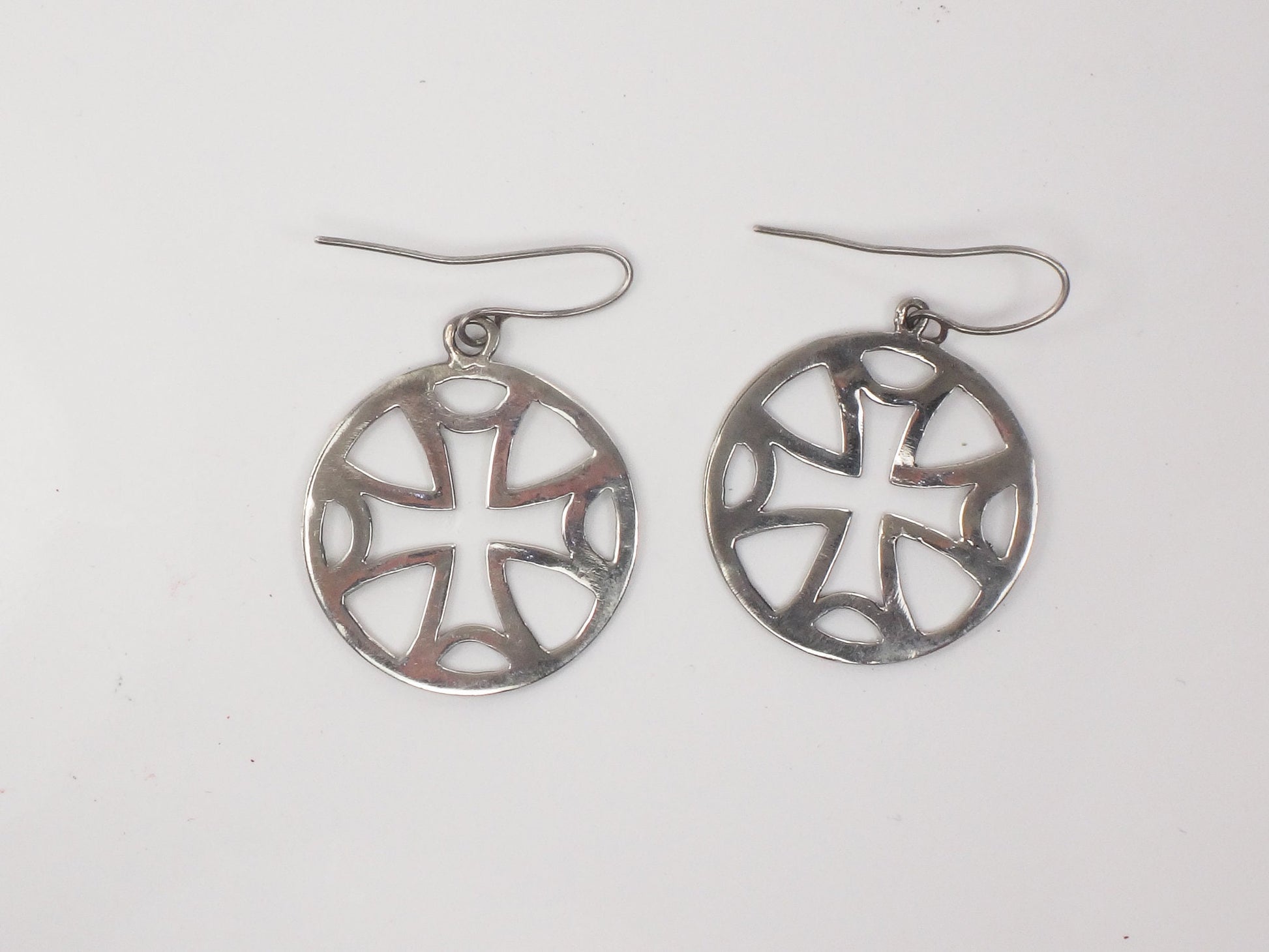Large Sterling Silver Maltese Cross Earrings with Ear Wires Vintage Round Dangle Earrings
