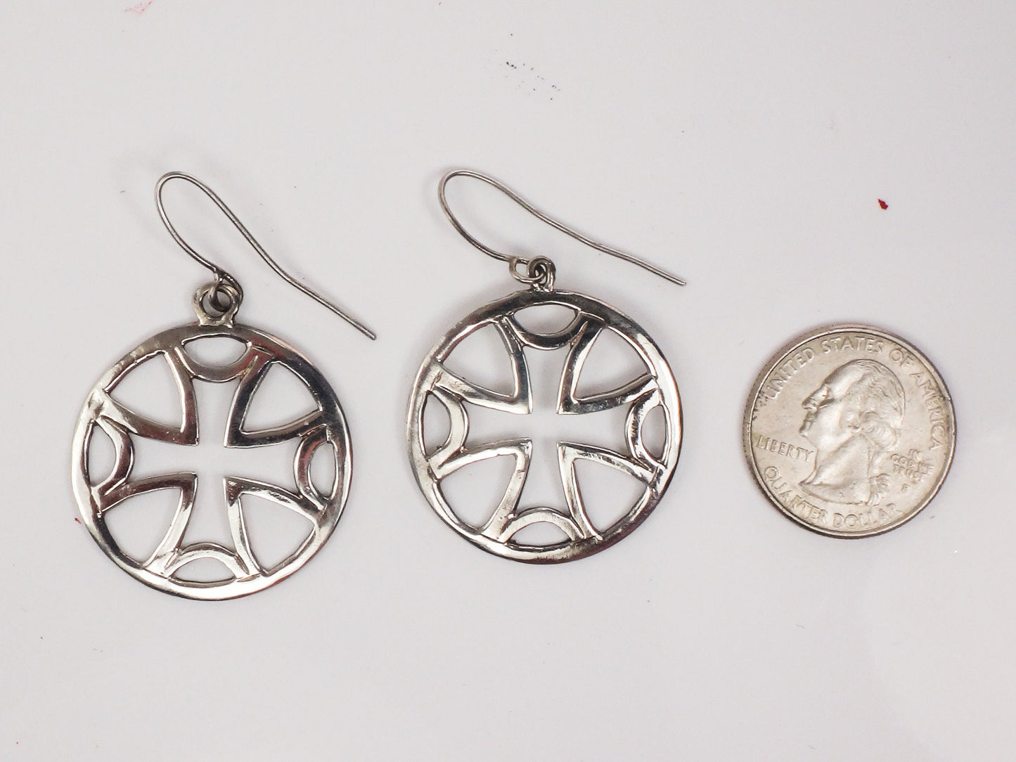 Large Sterling Silver Maltese Cross Earrings with Ear Wires Vintage Round Dangle Earrings