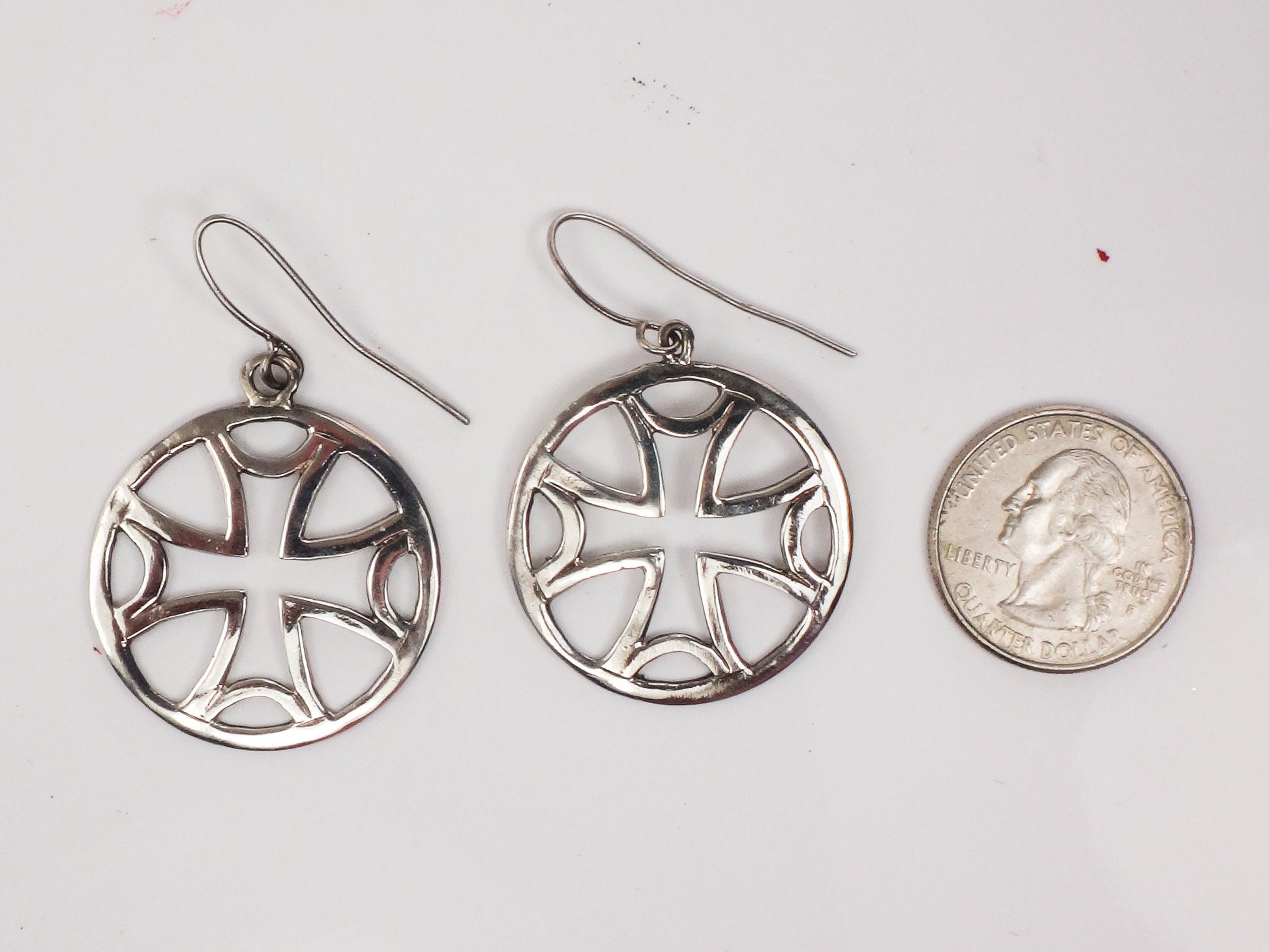 Large Sterling Silver Maltese Cross Earrings with Ear Wires Vintage Round Dangle Earrings