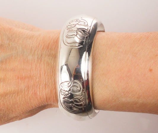 Vintage Sterling Silver Elephant Cuff Bracelet 925 Good Luck Bracelet