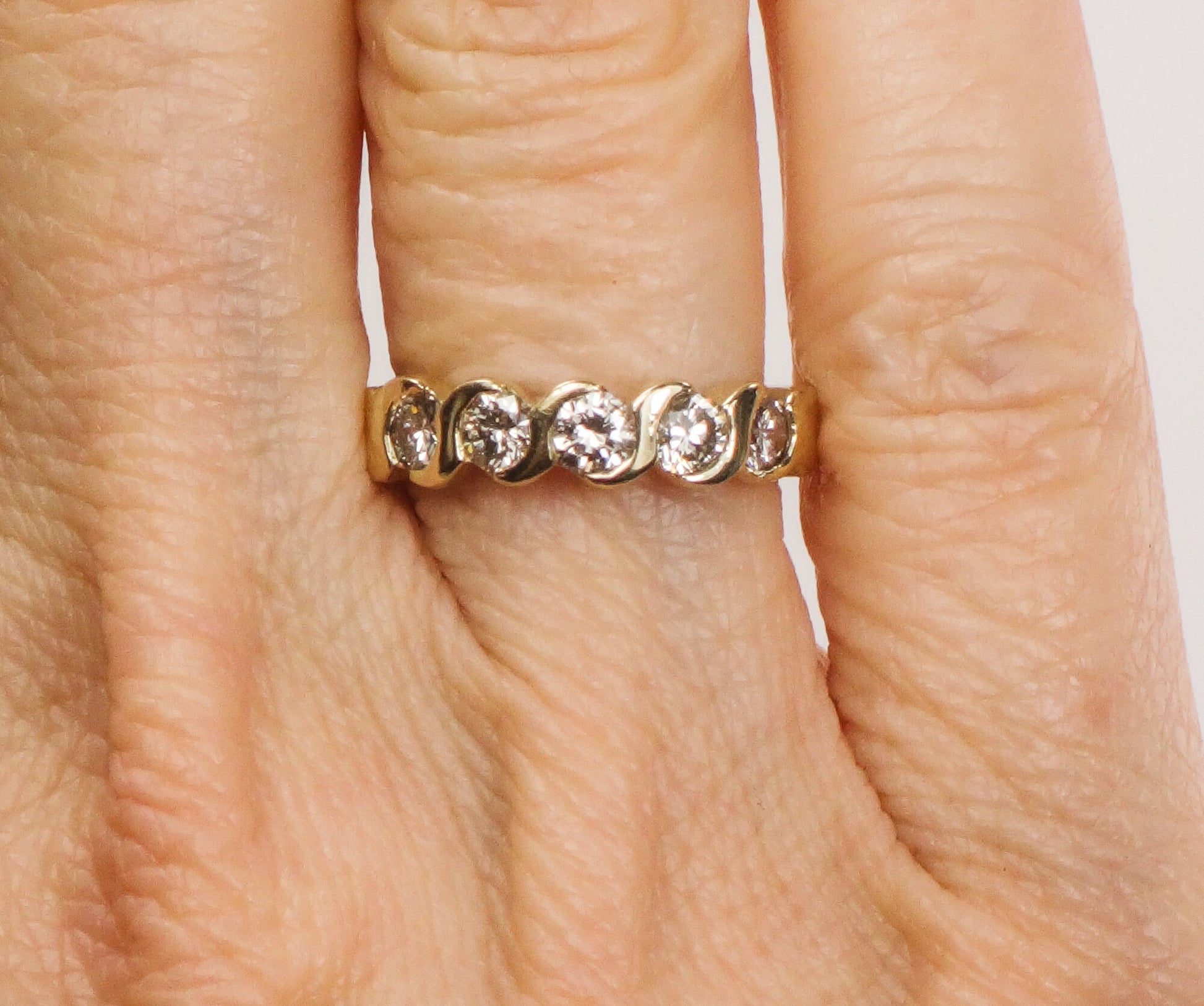 Vintage 14k Yellow Gold Diamond Wedding Band - Five Stone Ring, .75 CTS, Size 5.5