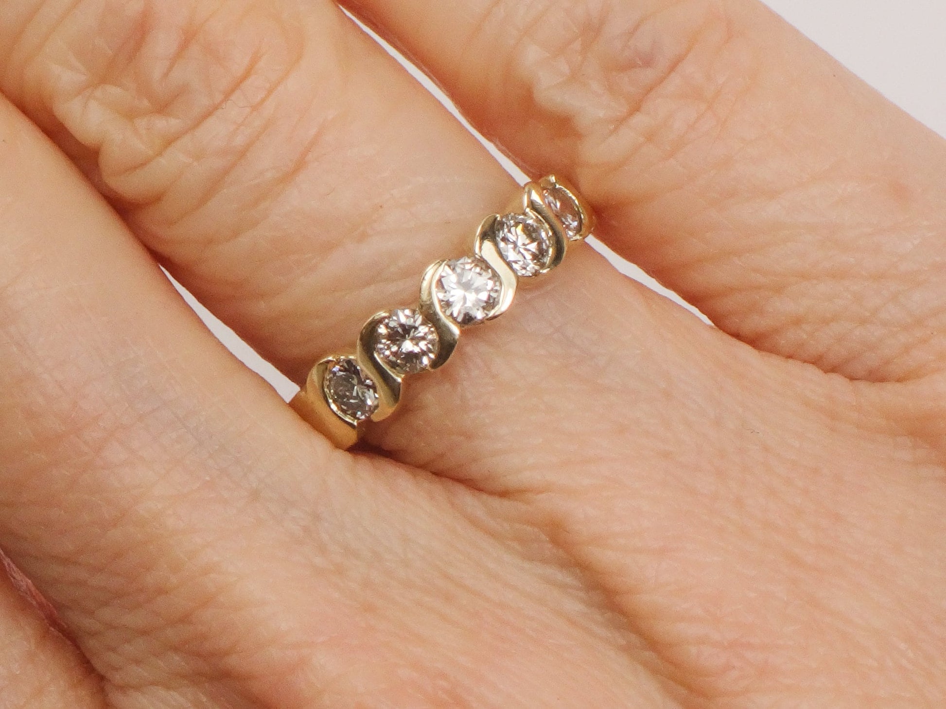 Vintage 14k Yellow Gold Diamond Wedding Band - Five Stone Ring, .75 CTS, Size 5.5