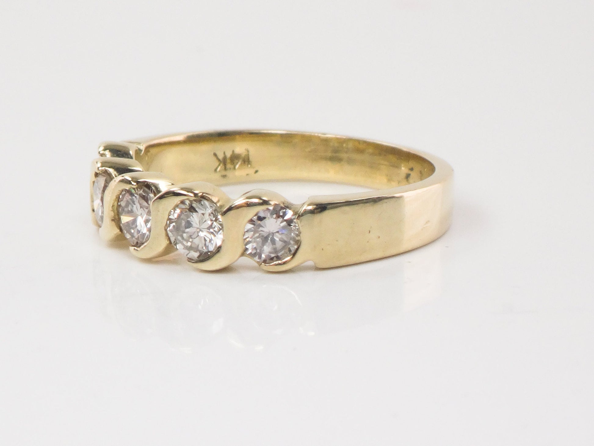 Vintage 14k Yellow Gold Diamond Wedding Band - Five Stone Ring, .75 CTS, Size 5.5