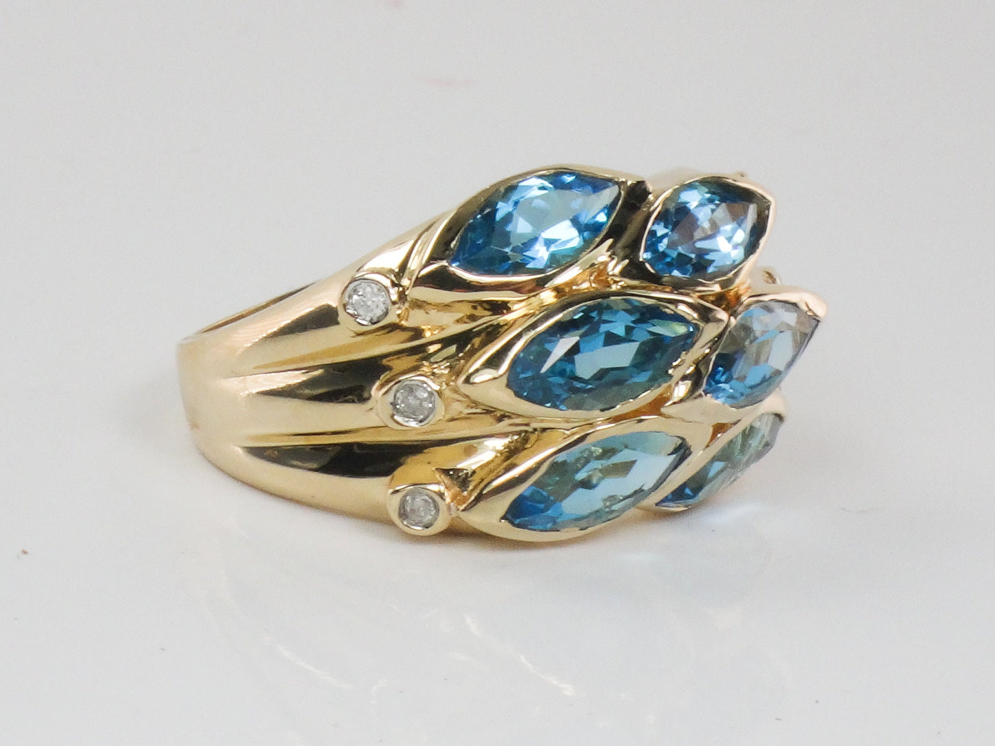Vintage 14k Yellow Gold Wide Blue Topaz and Diamond Ring Marquise Cut December Birthstone Ring Size 9.75