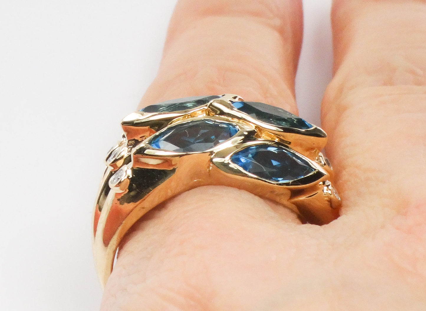 Vintage 14k Yellow Gold Wide Blue Topaz and Diamond Ring Marquise Cut December Birthstone Ring Size 9.75
