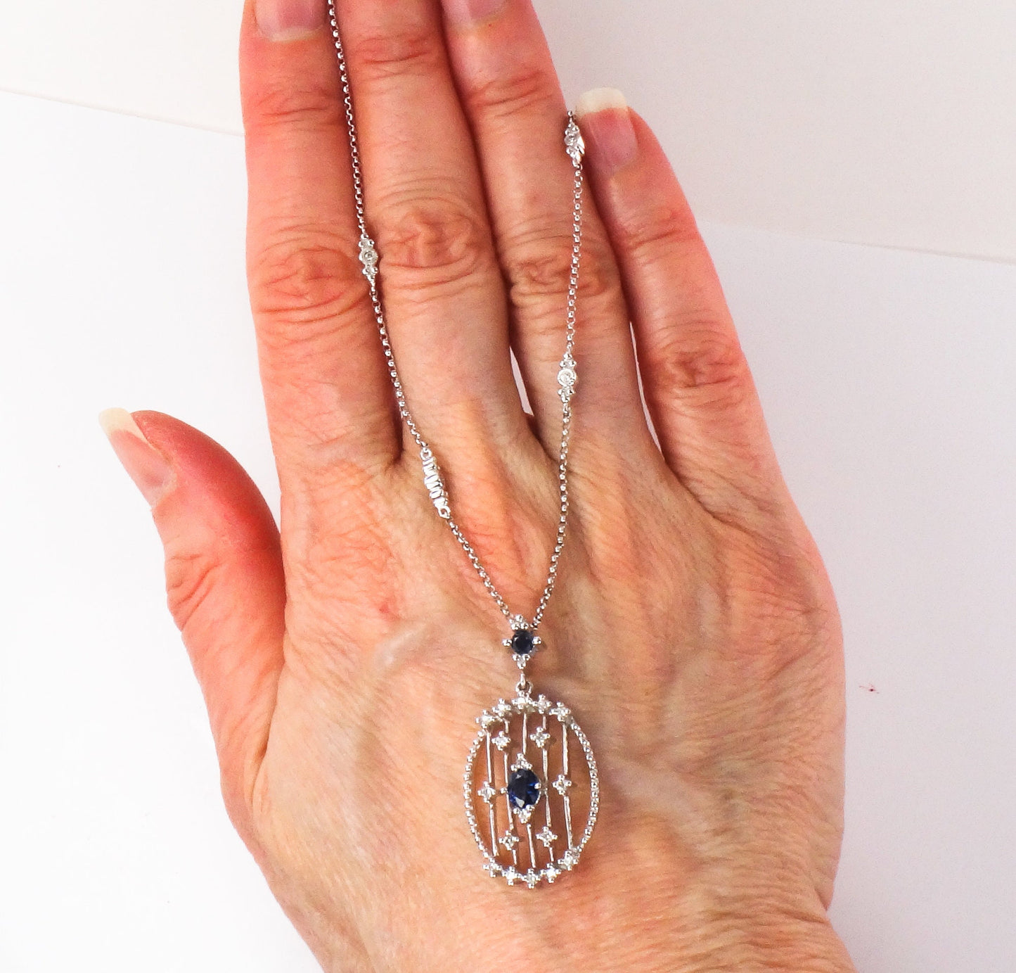 Vintage 14k White Gold Natural Sapphire and Diamond Necklace 16"