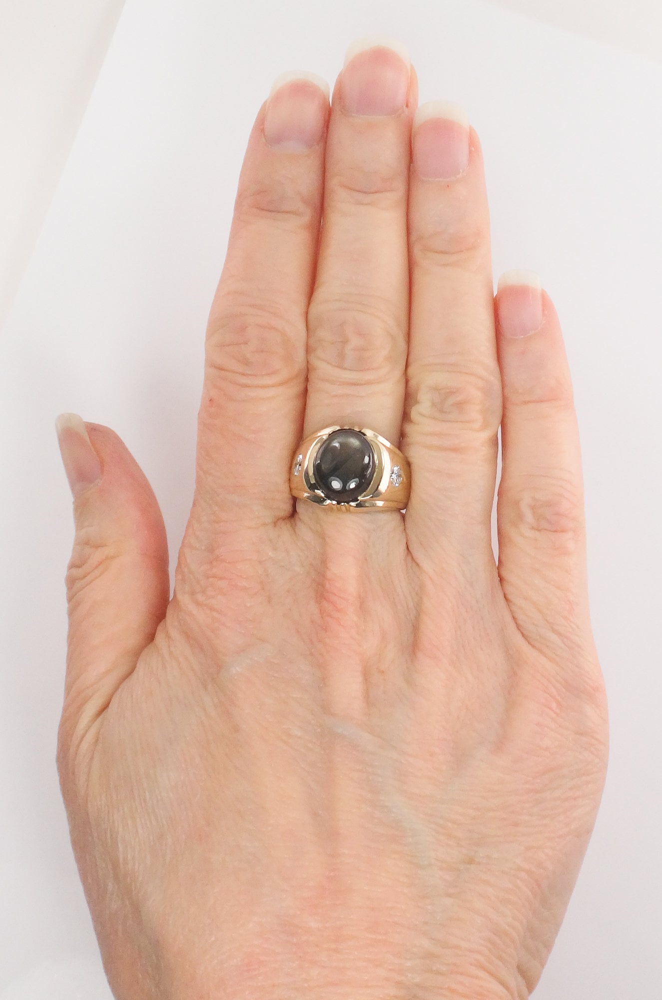 Vintage 14k Gold Natural Black Star Sapphire and Diamond Ring, Yellow Gold Unisex Ring Size 6.5