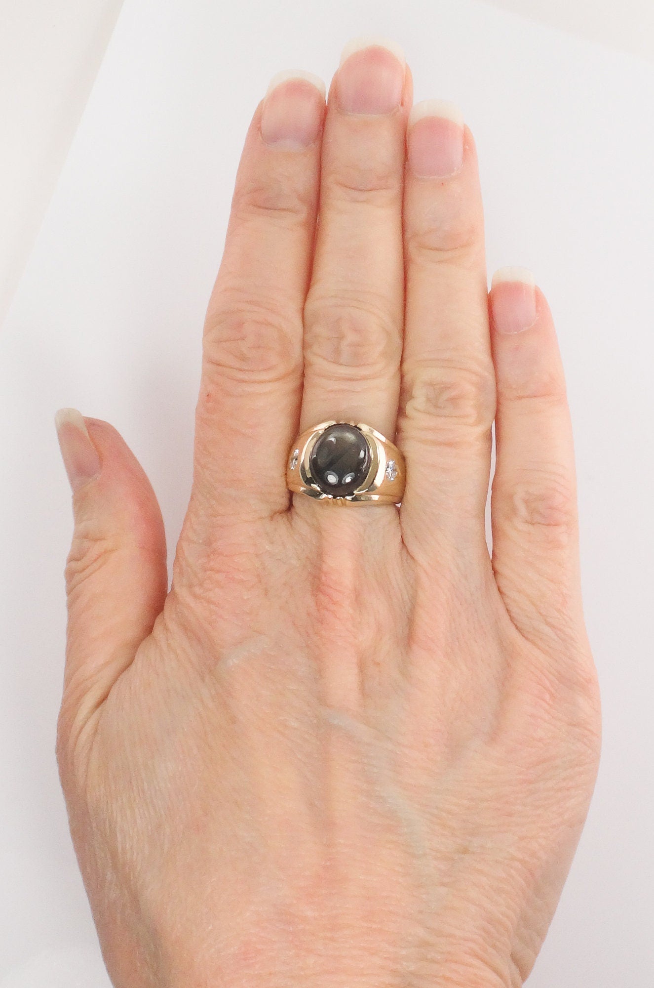 Vintage 14k Gold Natural Black Star Sapphire Ring with Diamond Accents, Size 6.5