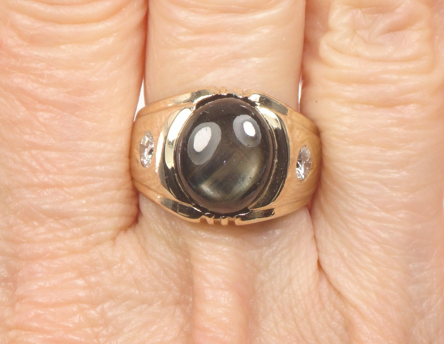 Vintage 14k Gold Natural Black Star Sapphire and Diamond Ring, Yellow Gold Unisex Ring Size 6.5