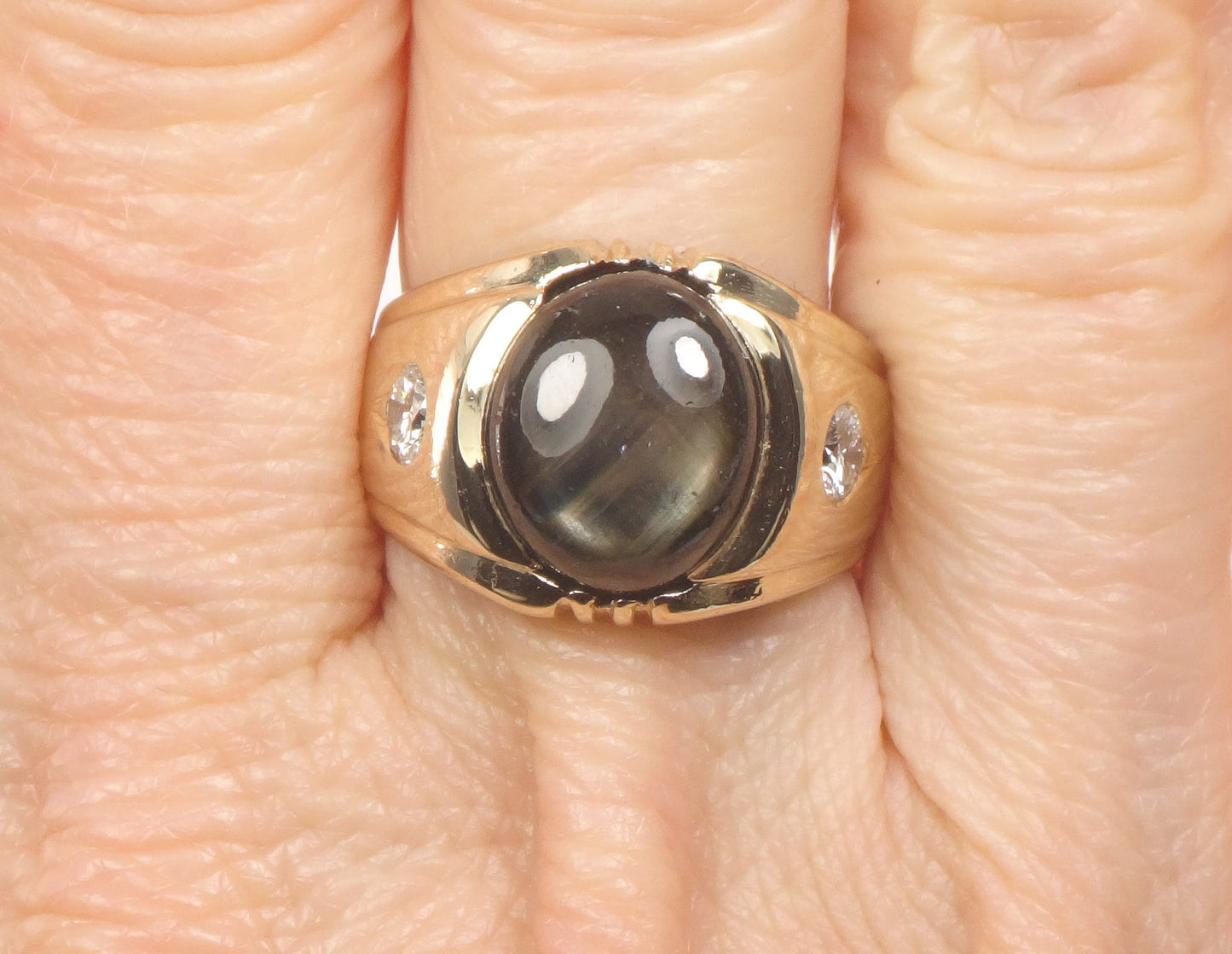 Vintage 14k Gold Natural Black Star Sapphire Ring with Diamond Accents, Size 6.5
