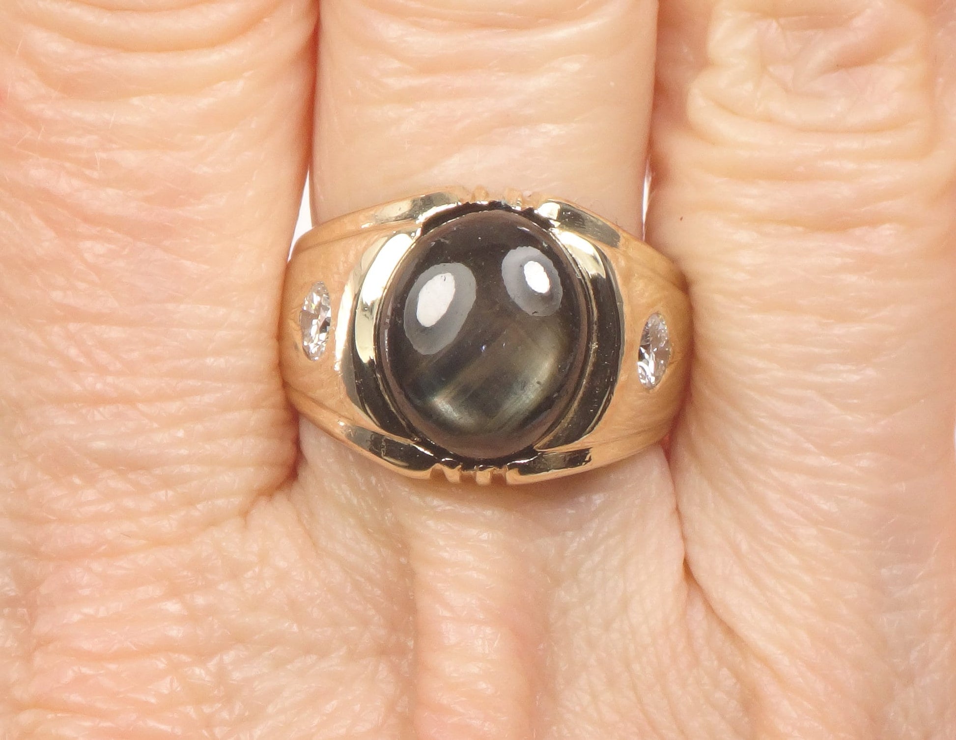 Vintage 14k Gold Natural Black Star Sapphire Ring with Diamond Accents, Size 6.5