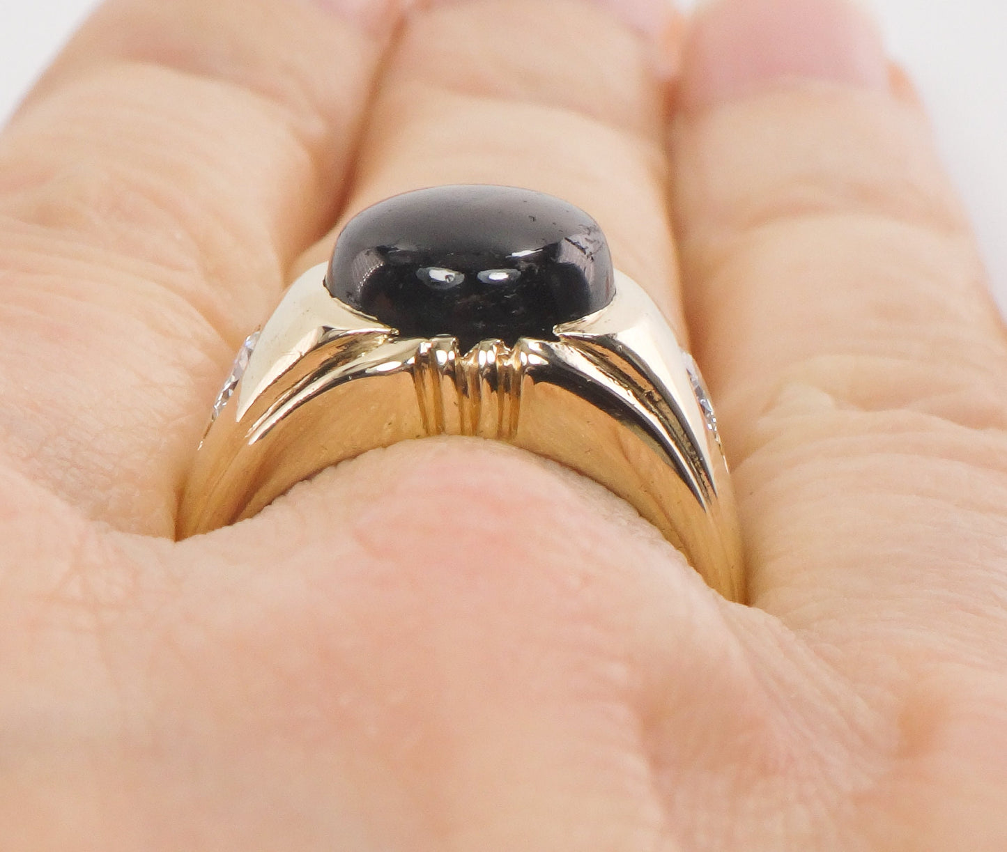 Vintage 14k Gold Natural Black Star Sapphire Ring with Diamond Accents, Size 6.5