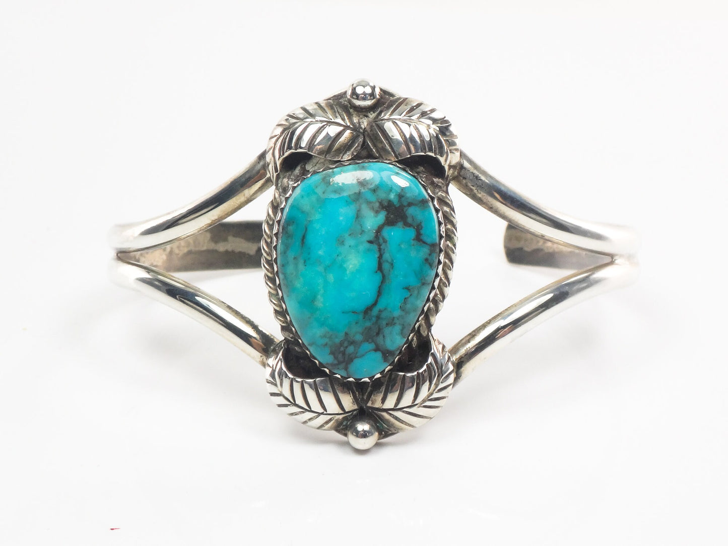 Vintage Sterling Silver Turquoise Cuff Bracelet with Feathers, Signed Native American Bracelet
