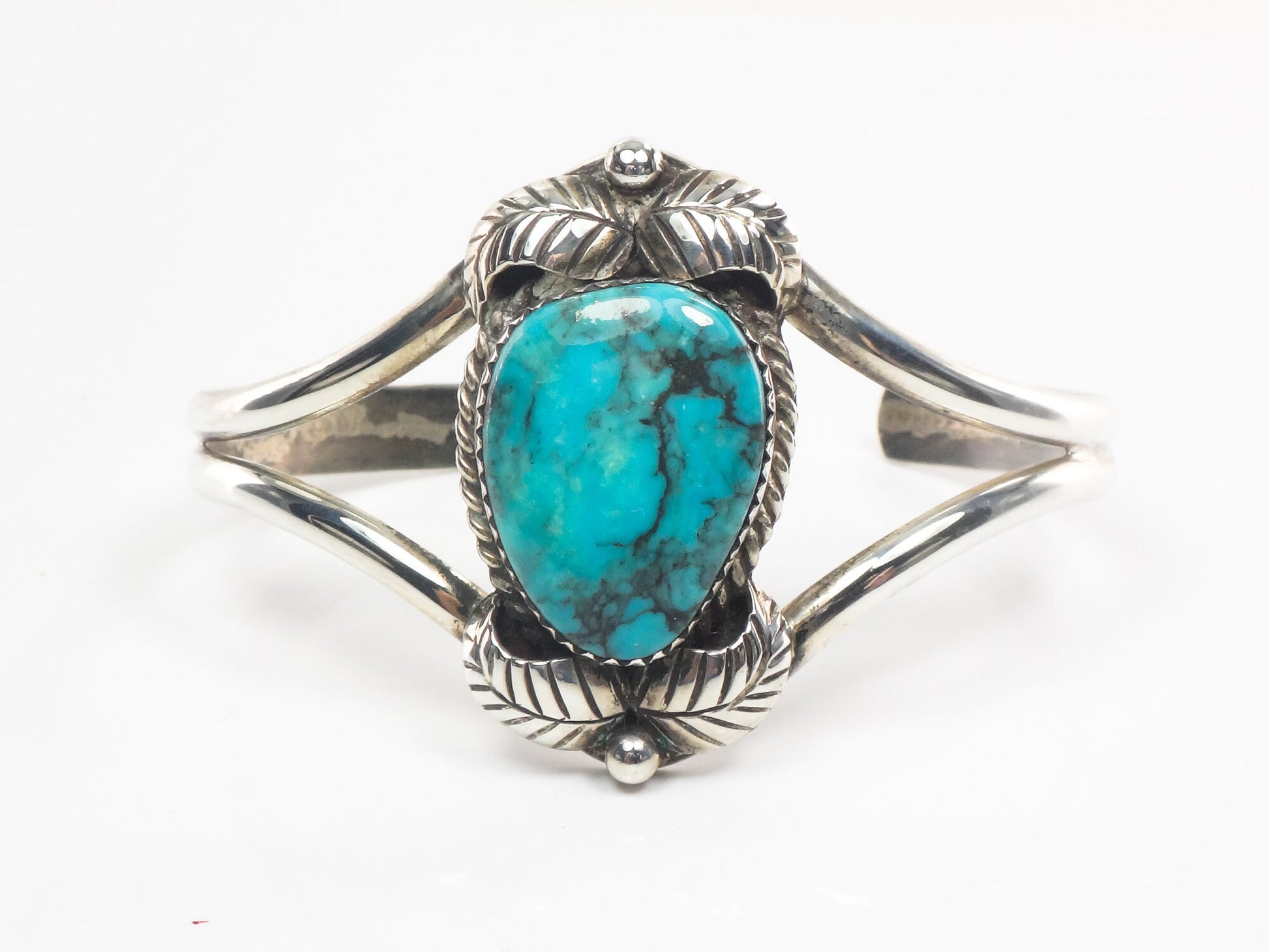 Vintage Sterling Silver Turquoise Cuff Bracelet with Feathers, Signed Native American Bracelet
