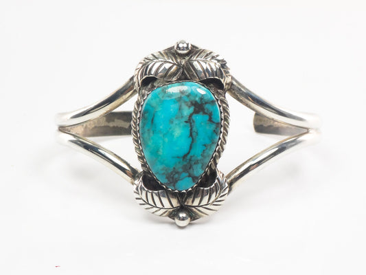 Vintage Sterling Silver Turquoise Cuff Bracelet with Feathers, Signed Native American Bracelet