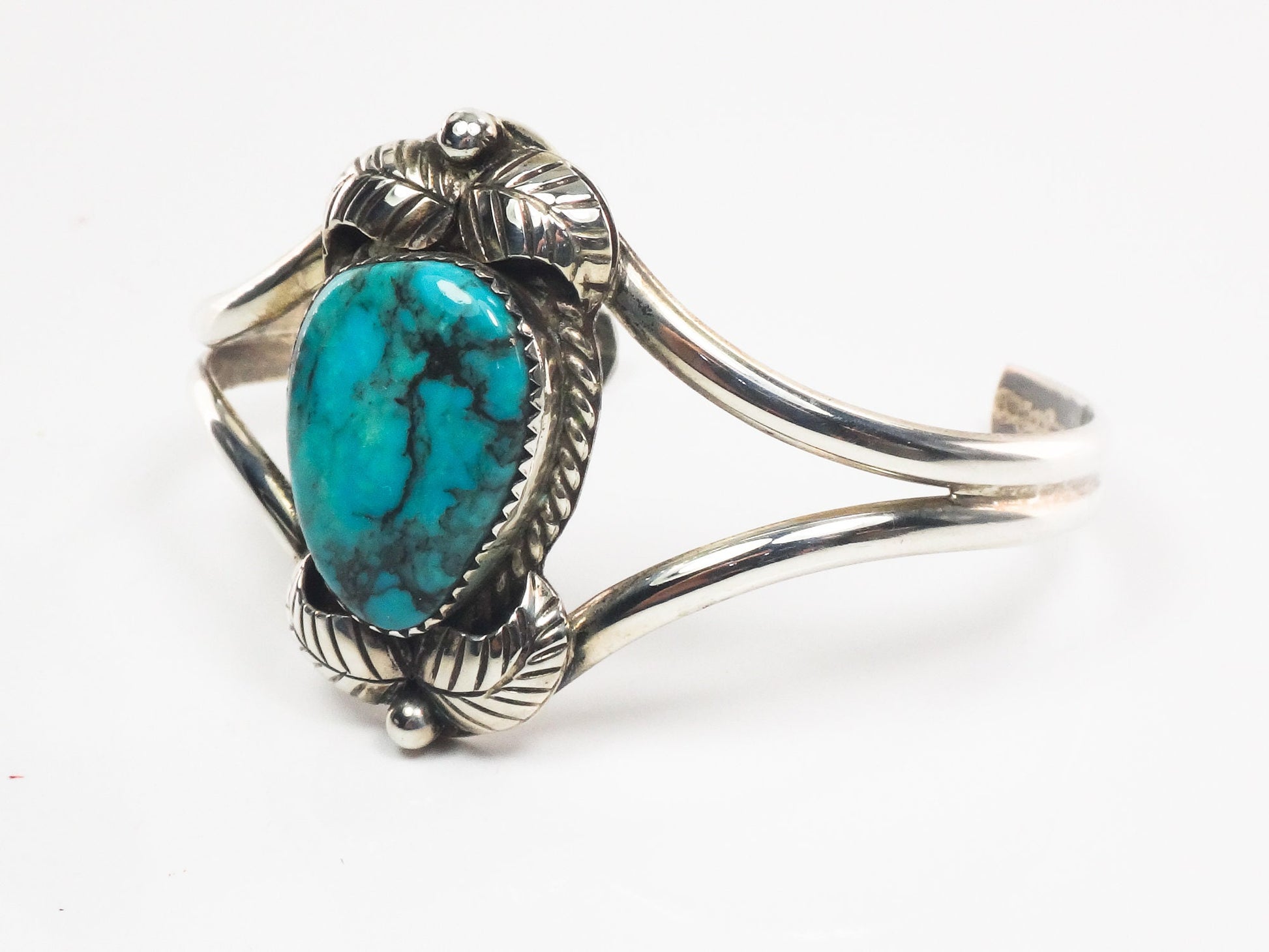 Vintage Sterling Silver Turquoise Cuff Bracelet with Feathers Signed Native American Navajo ?