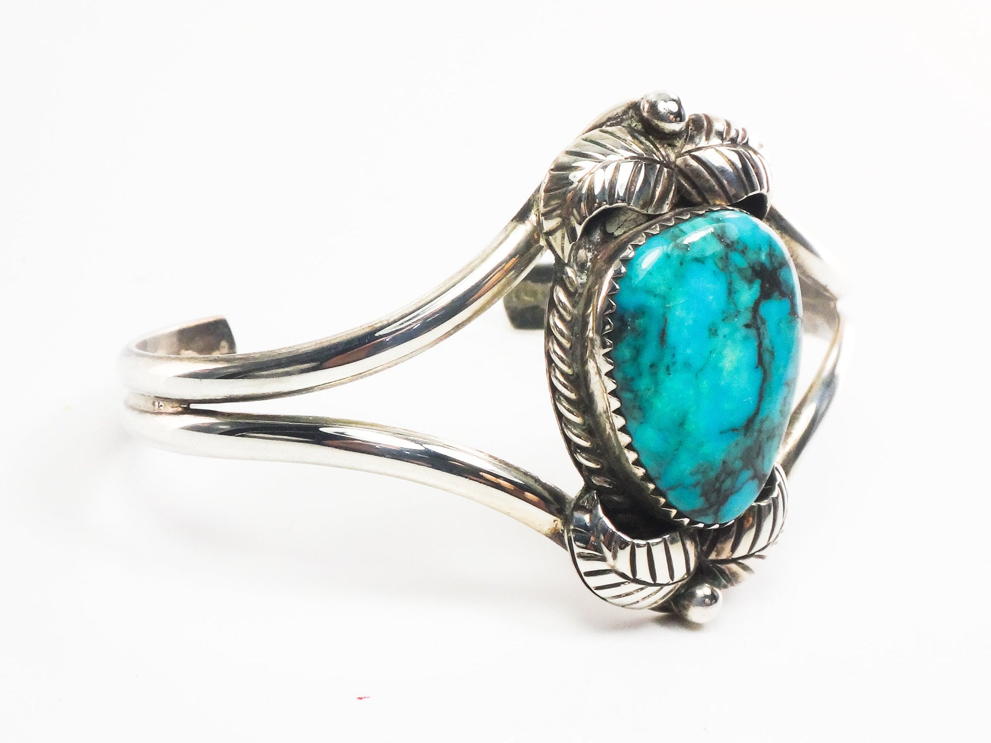 Vintage Sterling Silver Turquoise Cuff Bracelet with Feathers Signed Native American Navajo ?