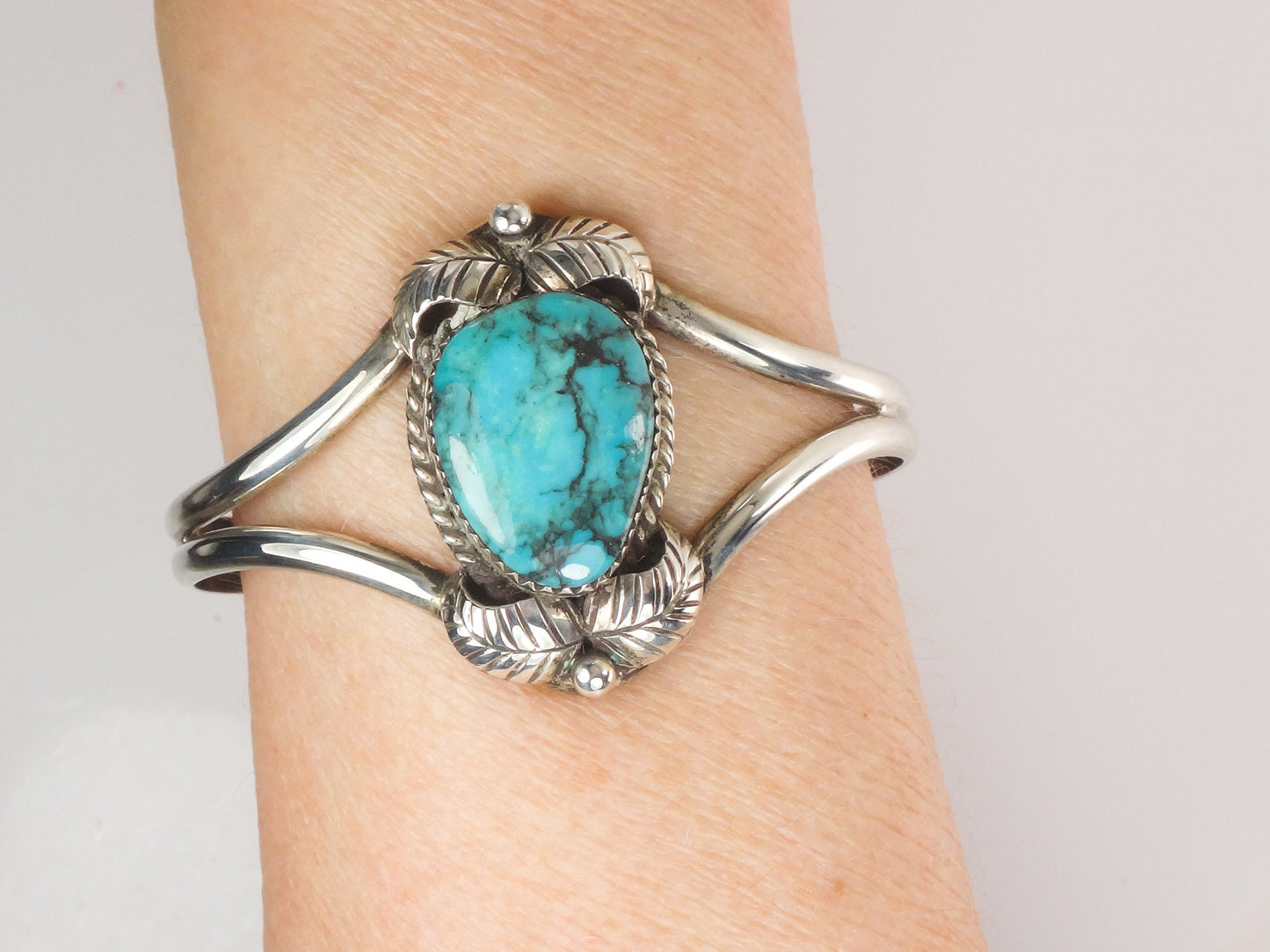 Vintage Sterling Silver Turquoise Cuff Bracelet with Feathers Signed Native American Navajo ?
