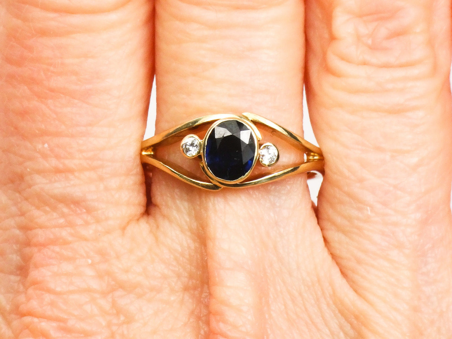 Vintage 14k Yellow Gold Natural Blue Sapphire and Diamond Ring September Birthstone Ring - Size 7.5