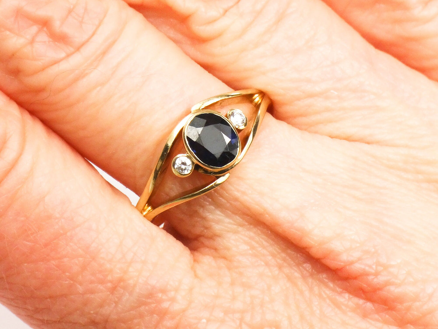 Vintage 14k Yellow Gold Natural Blue Sapphire and Diamond Ring September Birthstone Ring - Size 7.5
