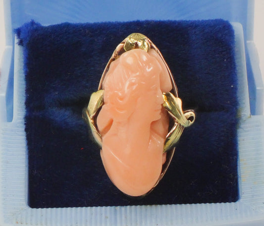 Vintage 10k Yellow Gold Pink Coral Cameo Ring Size 6