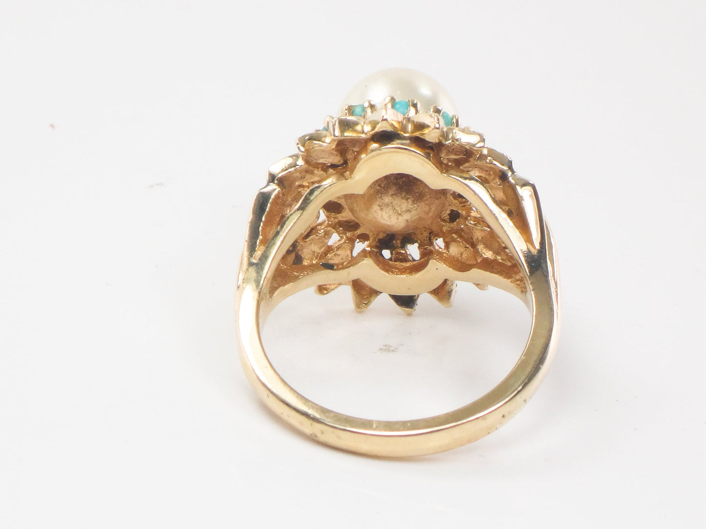 Vintage 14k Yellow Gold Saltwater Cultured Pearl and Turquoise Ring, Floral White Pearl Ring