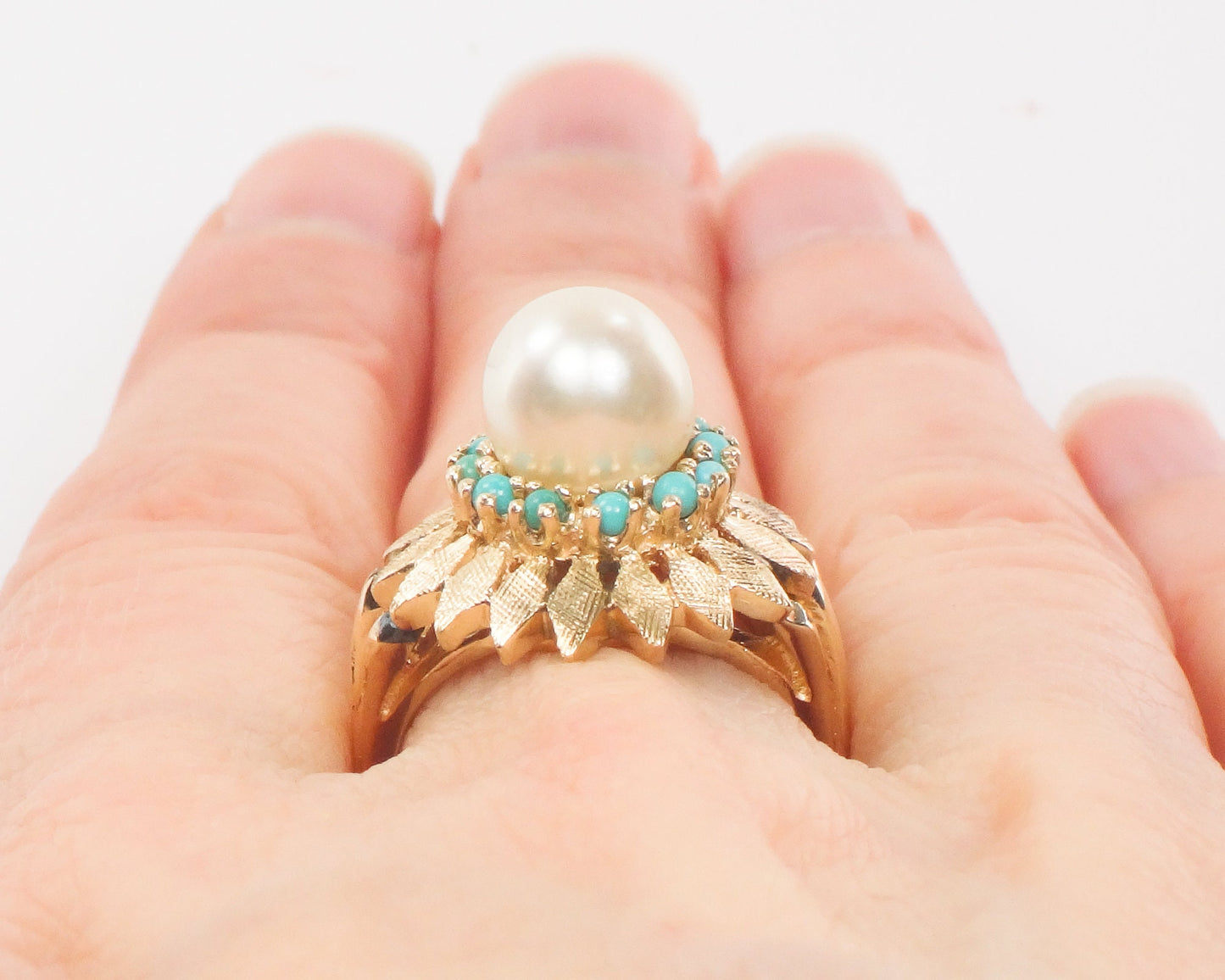 Vintage 14k Yellow Gold Saltwater Cultured Pearl and Turquoise Ring, Floral White Pearl Ring