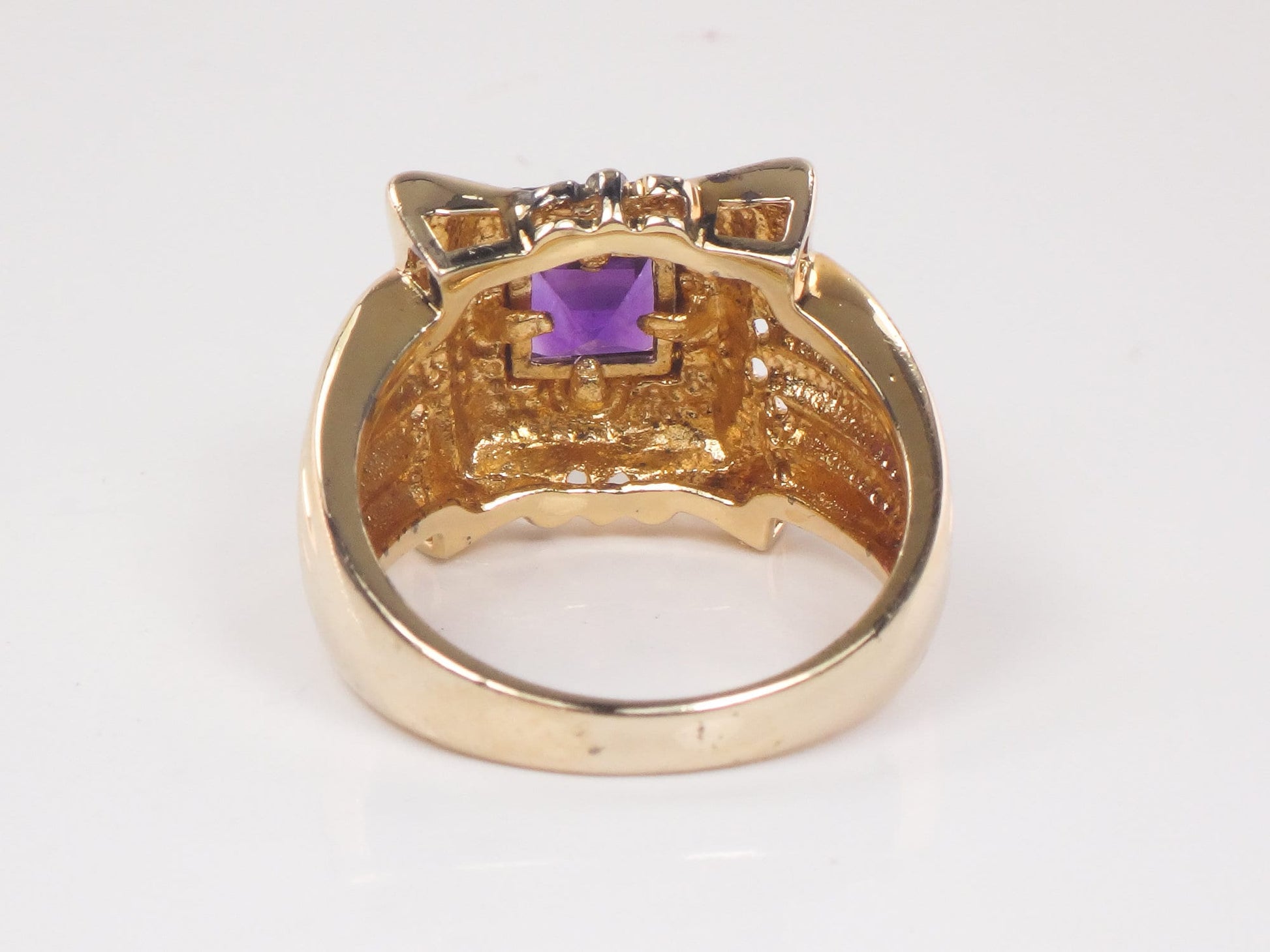Vintage Wide Gilt Sterling Silver Amethyst Ring Ornate Purple Square Stone Ring - Size 9