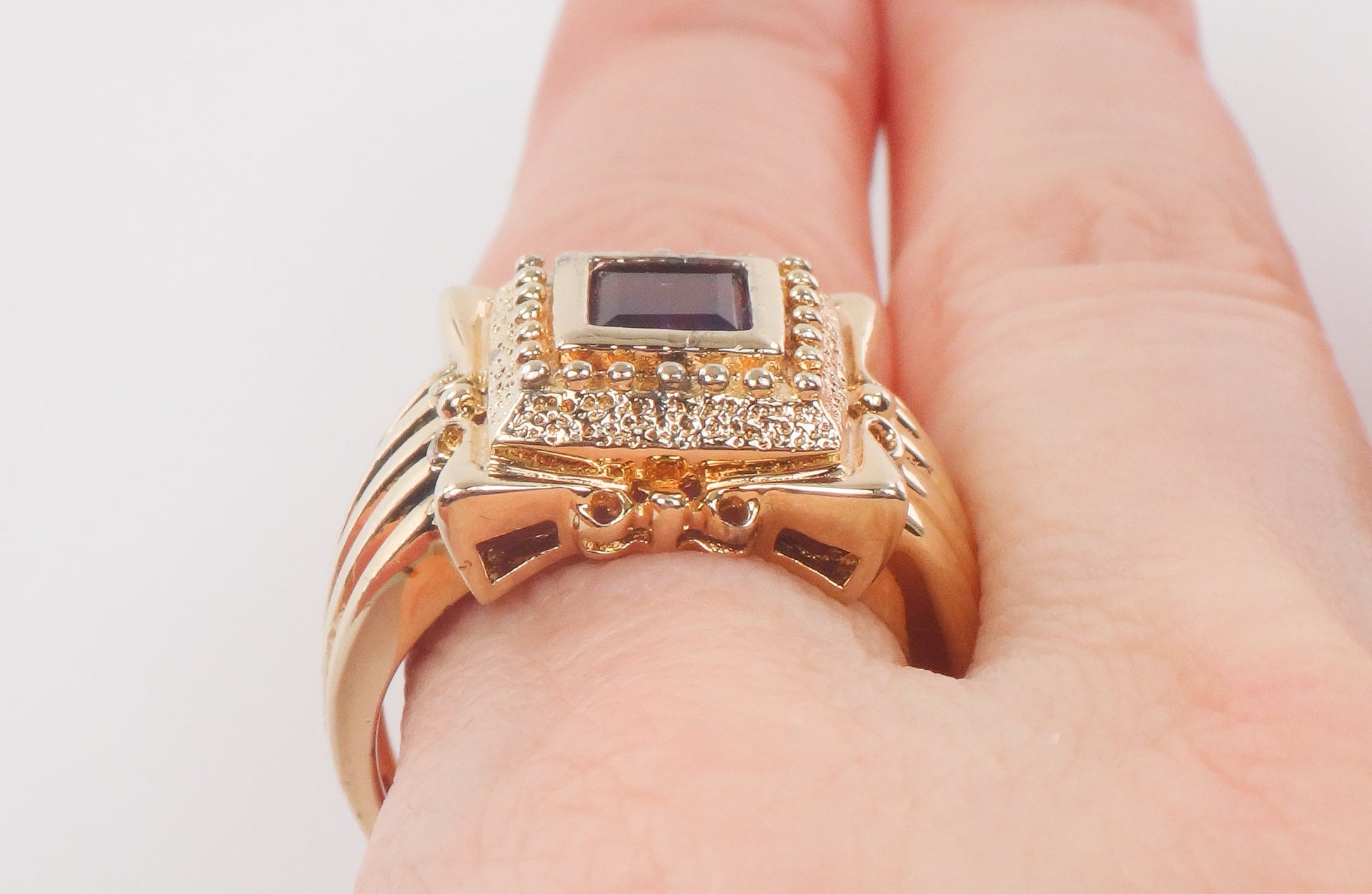 Vintage Wide Gilt Sterling Silver Amethyst Ring Ornate Purple Square Stone Ring - Size 9