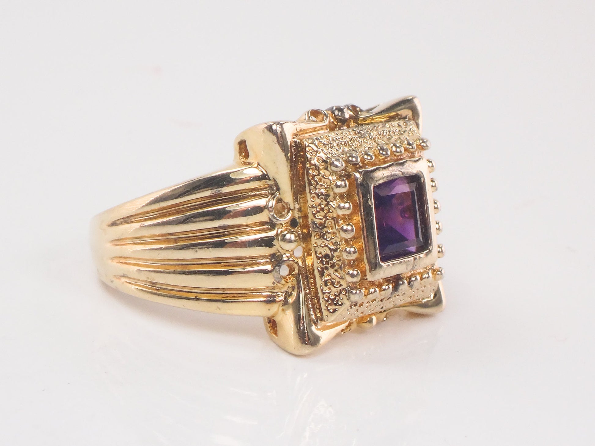 Vintage Wide Gilt Sterling Silver Amethyst Ring Ornate Purple Square Stone Ring - Size 9