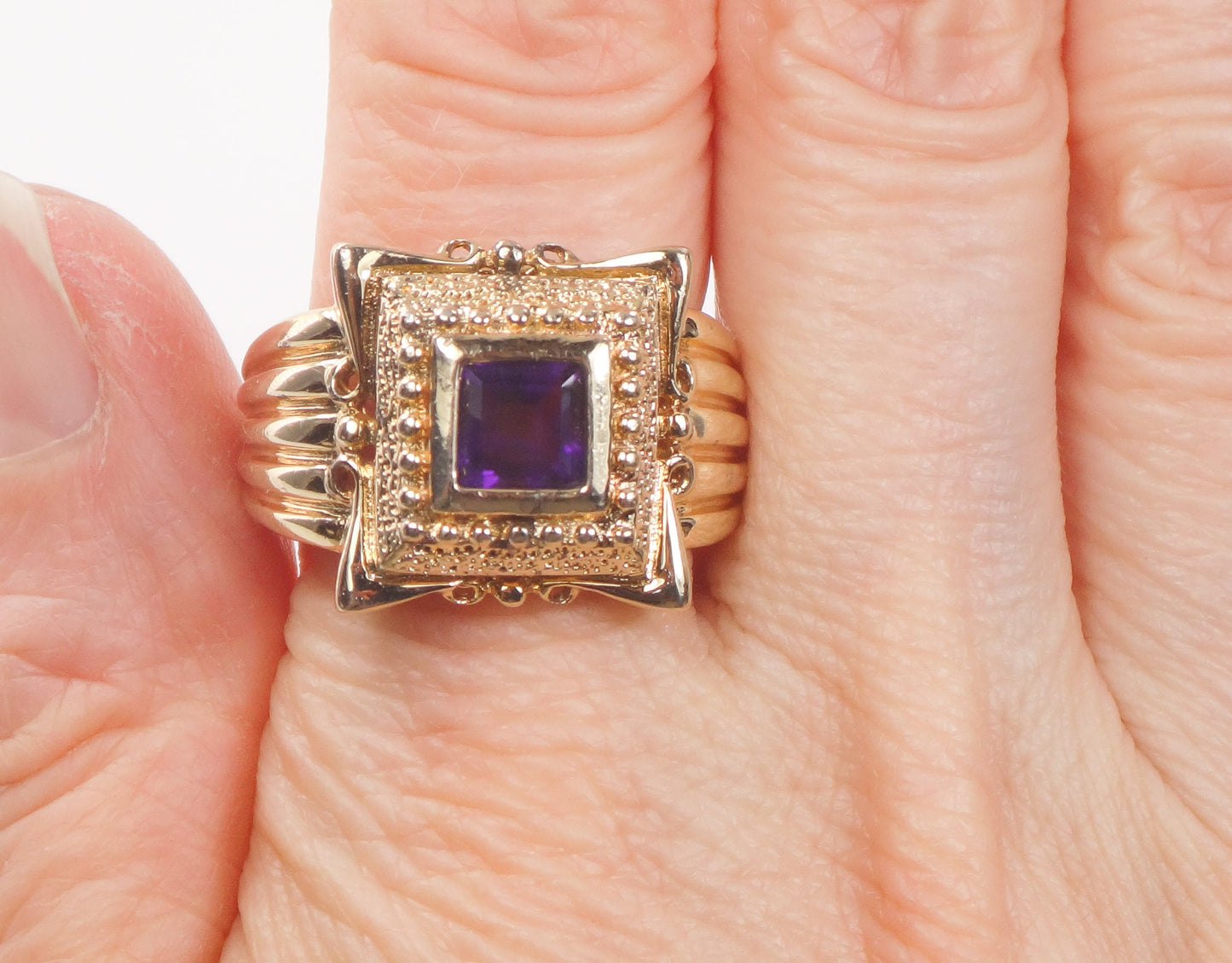 Vintage Wide Gilt Sterling Silver Amethyst Ring Ornate Purple Square Stone Ring - Size 9