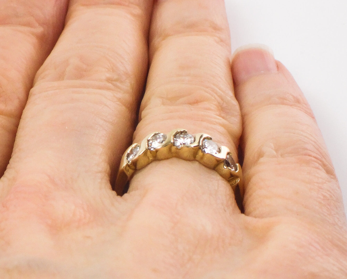 Vintage 14k Yellow Gold Diamond Wedding Band - Five Stone Ring, .75 CTS, Size 5.5