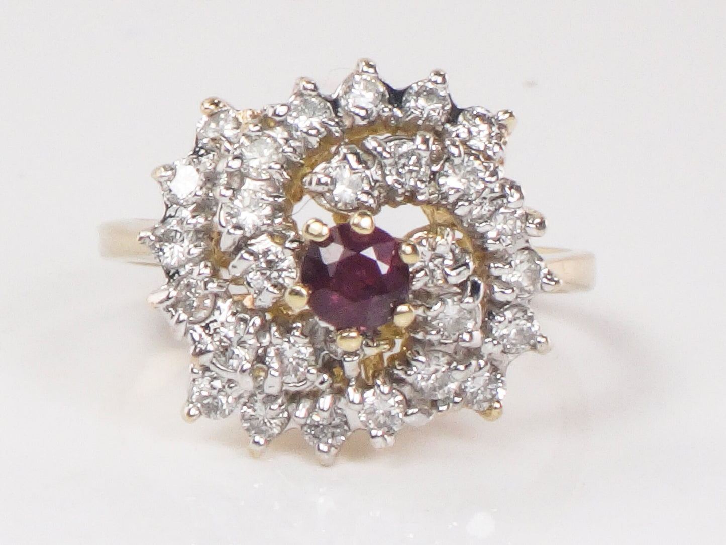 Vintage 14k Gold Natural Ruby and Diamond Swirl Ring Cocktail Ring - Size 6