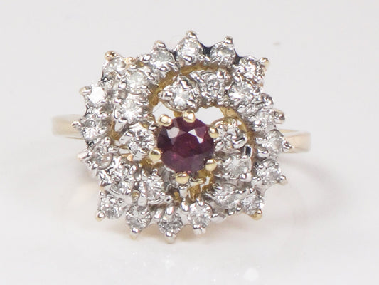 Vintage 14k Gold Natural Ruby and Diamond Swirl Ring Cocktail Ring - Size 6