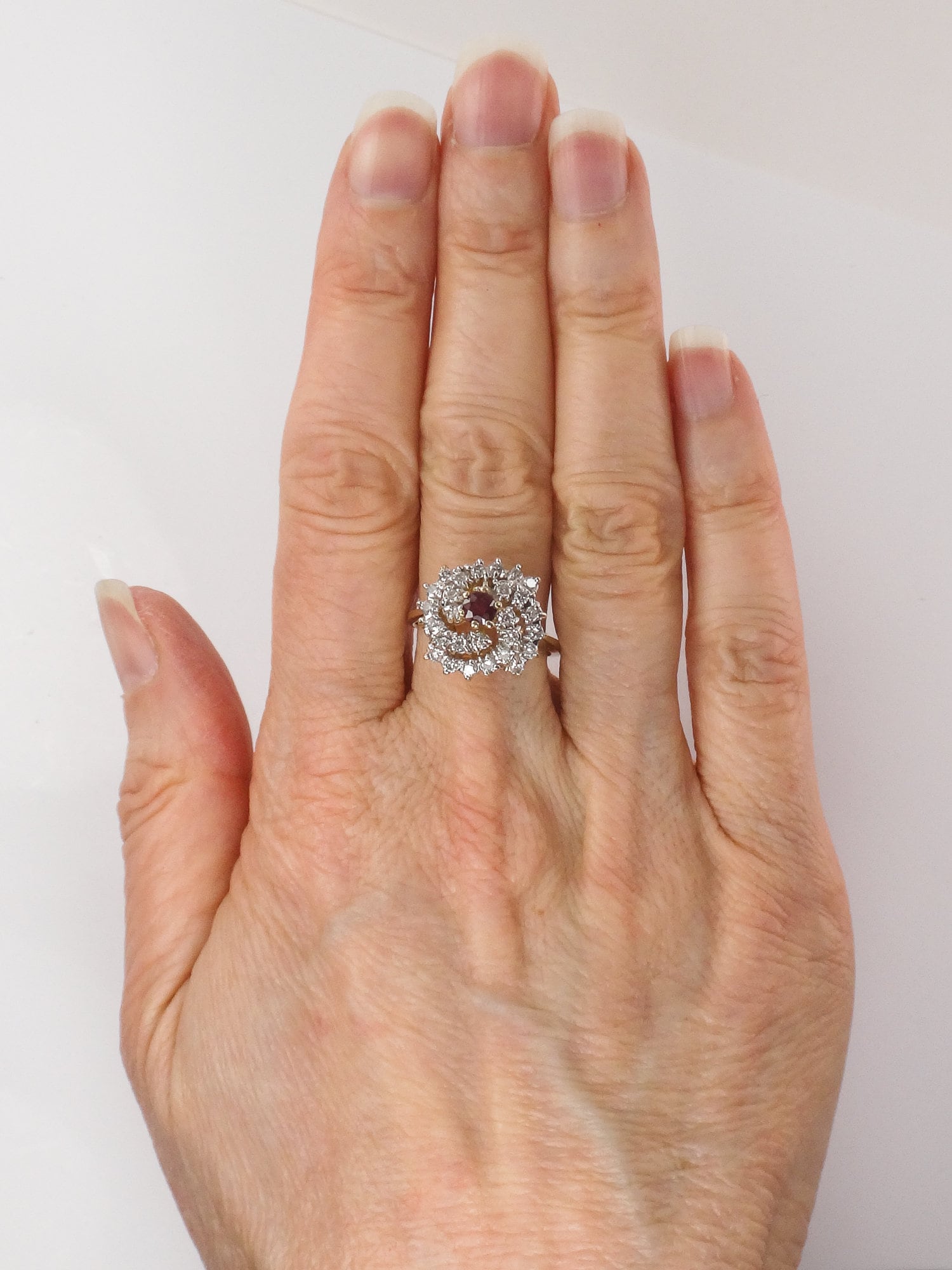 Vintage 14k Gold Natural Ruby and Diamond Swirl Ring Cocktail Ring - Size 6