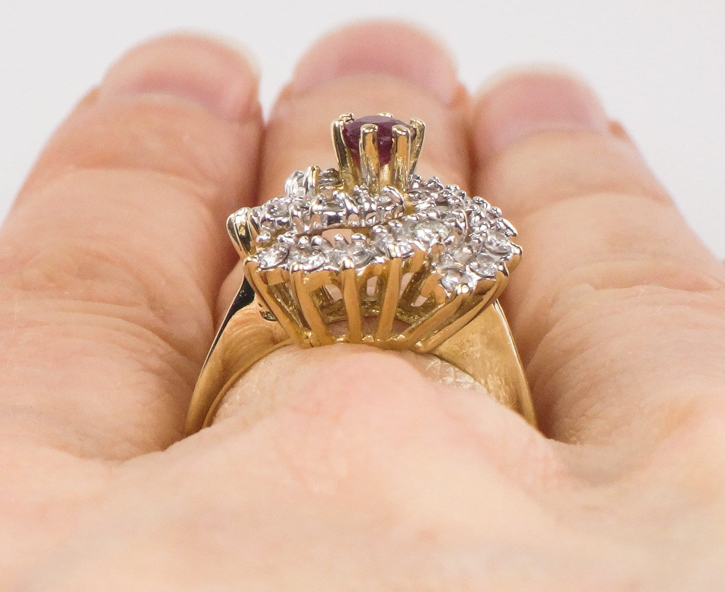 Vintage 14k Gold Natural Ruby and Diamond Swirl Ring Cocktail Ring - Size 6