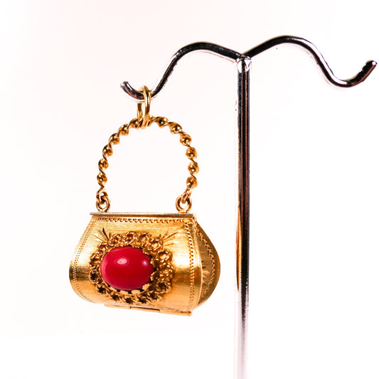 Vintage 18k Gold Coral Purse Charm Pendant with Sapphire Heart Inside, Italian Design