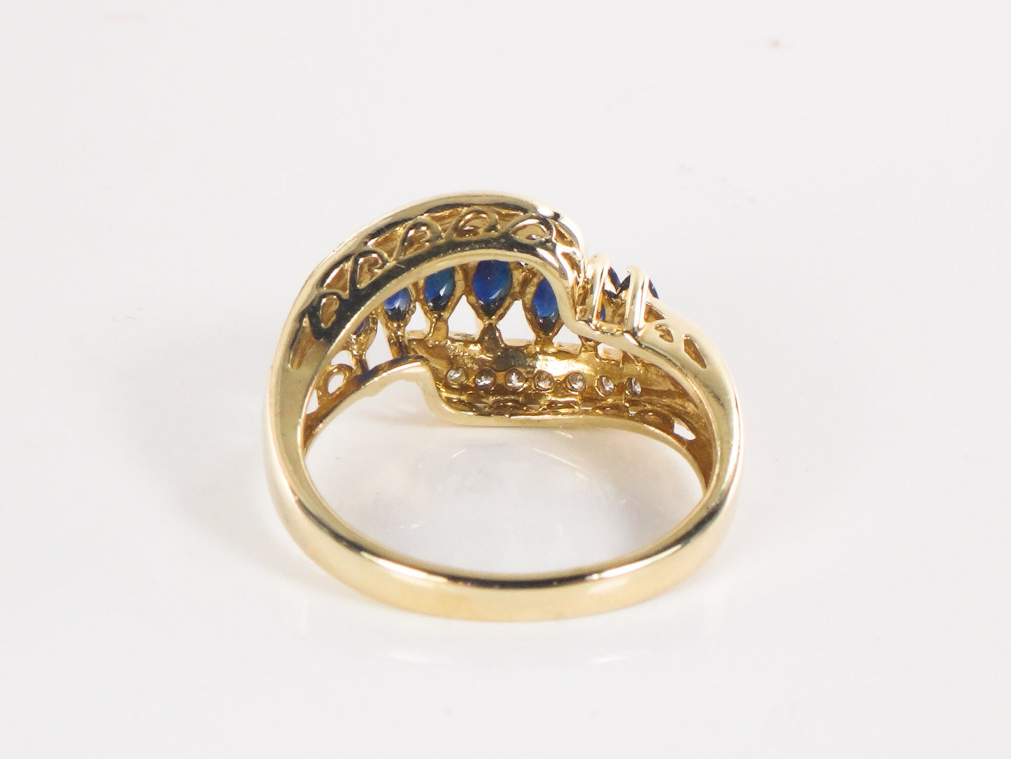 Vintage 14k Yellow Gold Natural Blue Sapphire & Diamond Ring Marquise Cut September Birthstone Ring Size 6.75