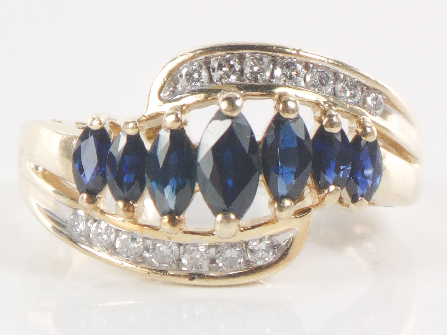 Vintage 14k Yellow Gold Natural Blue Sapphire & Diamond Ring Marquise Cut September Birthstone Ring Size 6.75