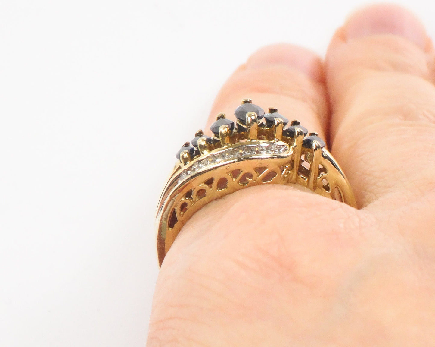 Vintage 14k Yellow Gold Natural Blue Sapphire & Diamond Ring Marquise Cut September Birthstone Ring Size 6.75