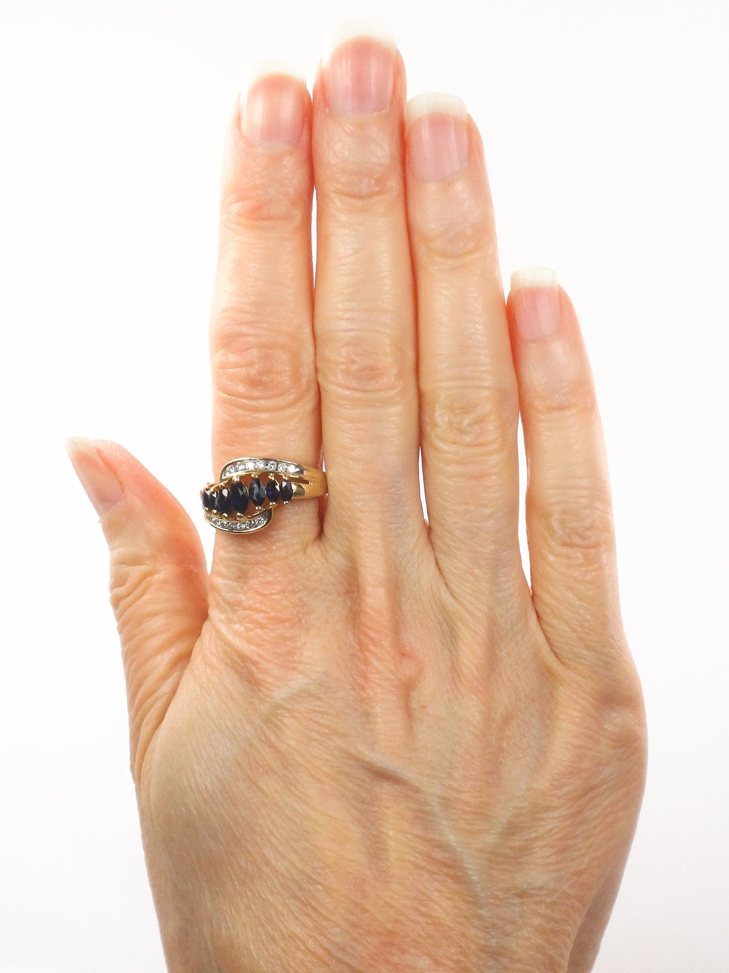 Vintage 14k Yellow Gold Natural Blue Sapphire & Diamond Ring Marquise Cut September Birthstone Ring Size 6.75