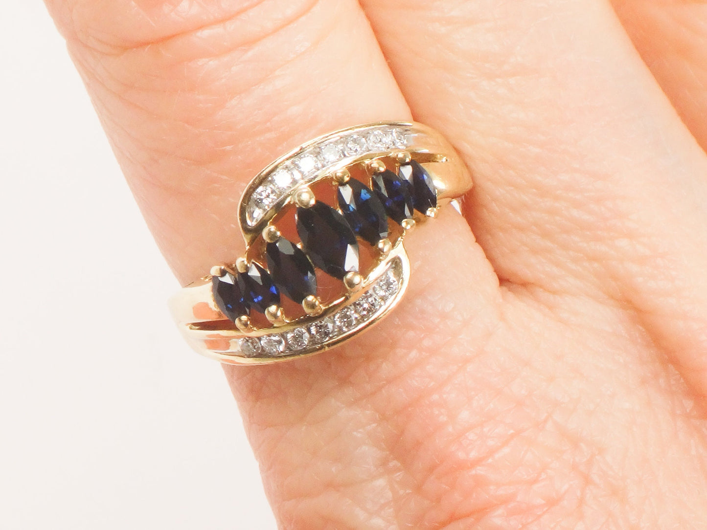 Vintage 14k Yellow Gold Natural Blue Sapphire & Diamond Ring Marquise Cut September Birthstone Ring Size 6.75