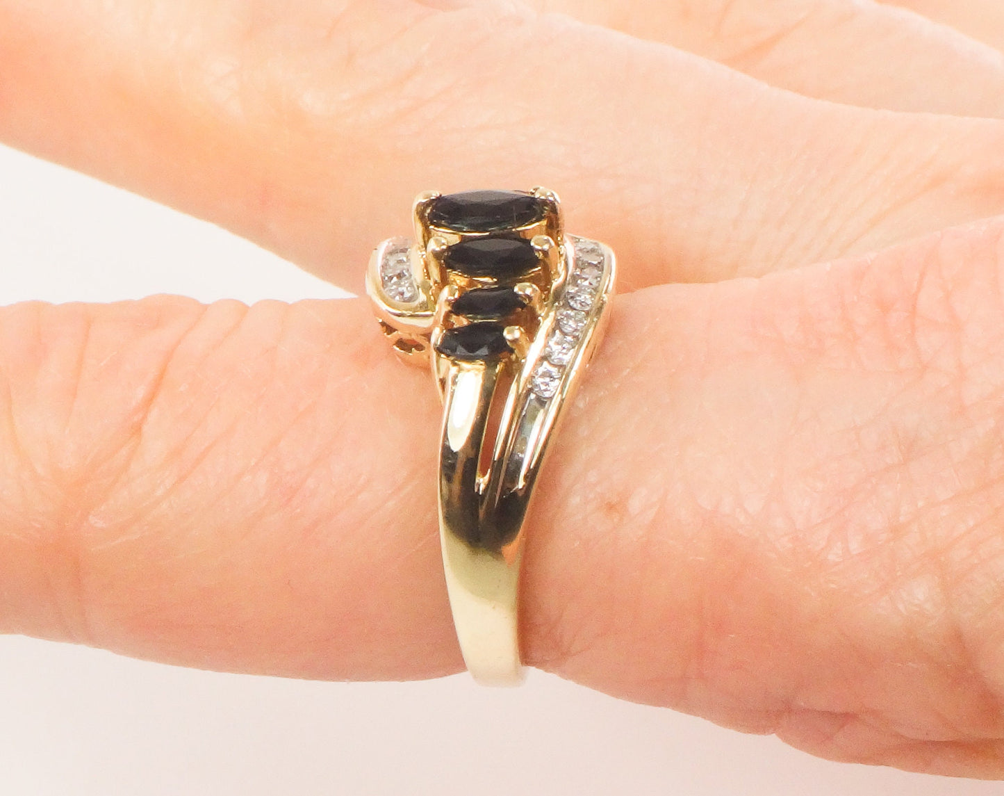Vintage 14k Yellow Gold Natural Blue Sapphire & Diamond Ring Marquise Cut September Birthstone Ring Size 6.75