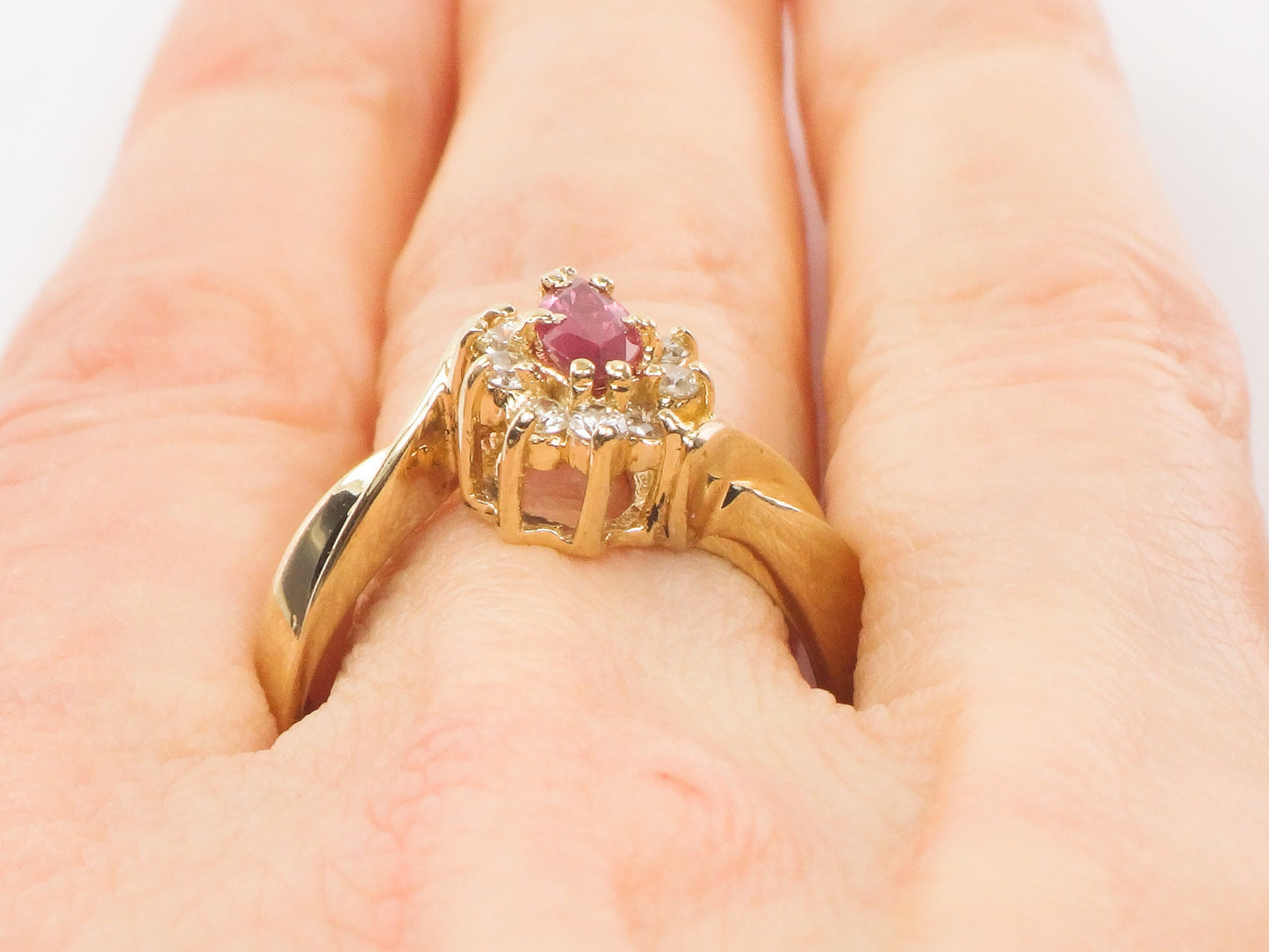 Vintage 14k Yellow Gold Ruby Diamond Halo Ring - Size 7.75