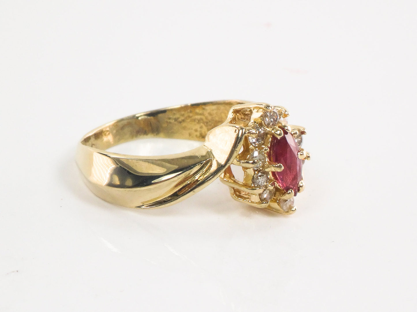 Vintage 14k Yellow Gold Ruby Diamond Halo Ring - Size 7.75