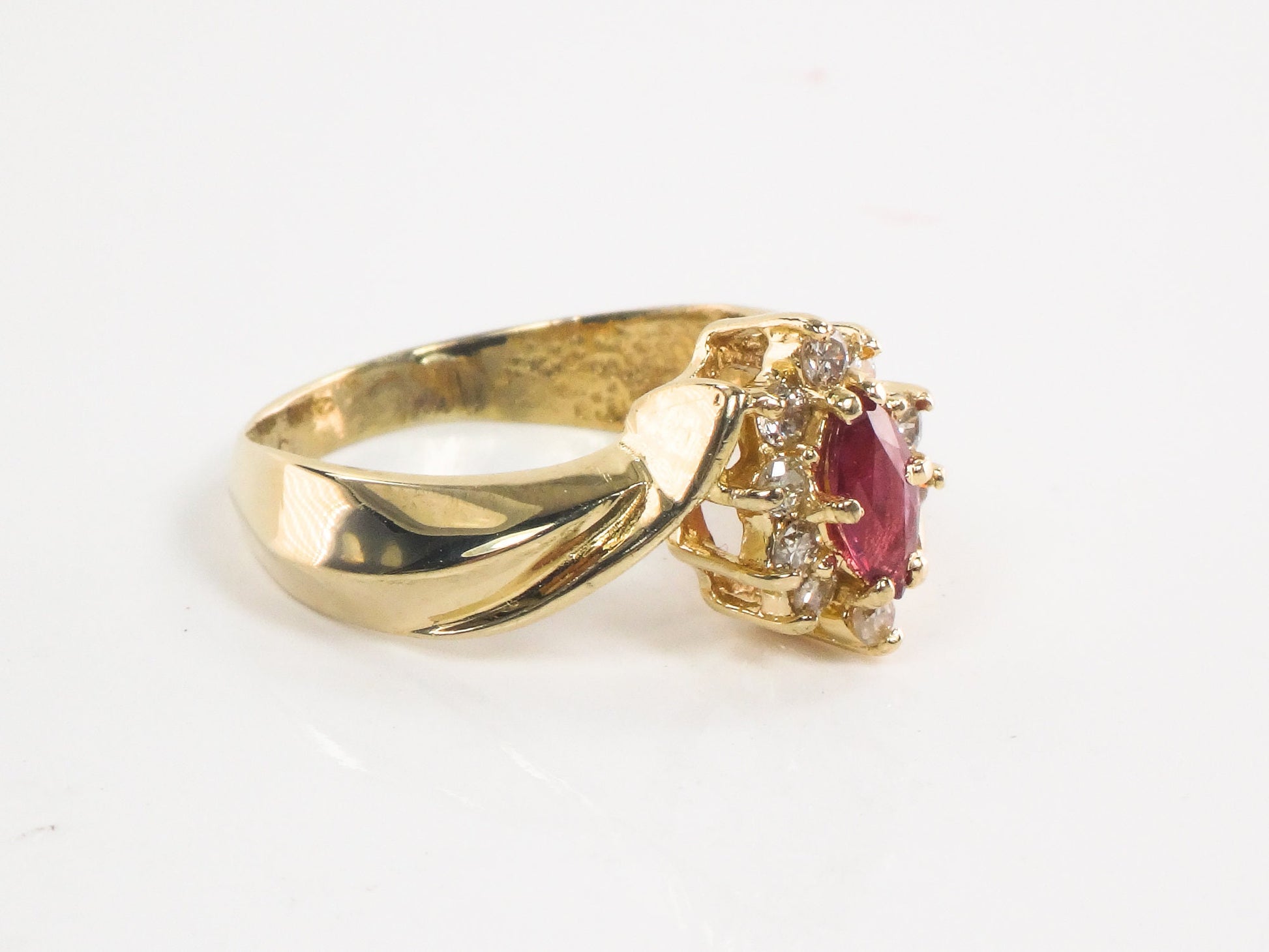 Vintage 14k Yellow Gold Ruby Diamond Halo Ring - Size 7.75