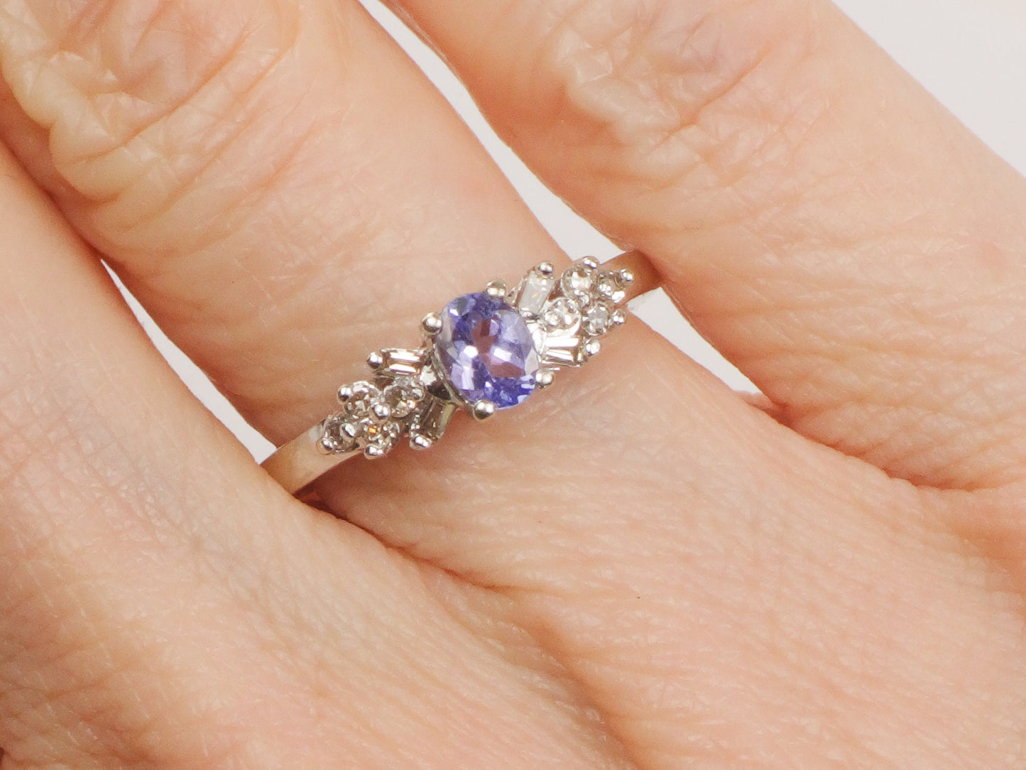 Vintage 10k White Gold Tanzanite and Natural Diamond Ring, Purple Stone Ring