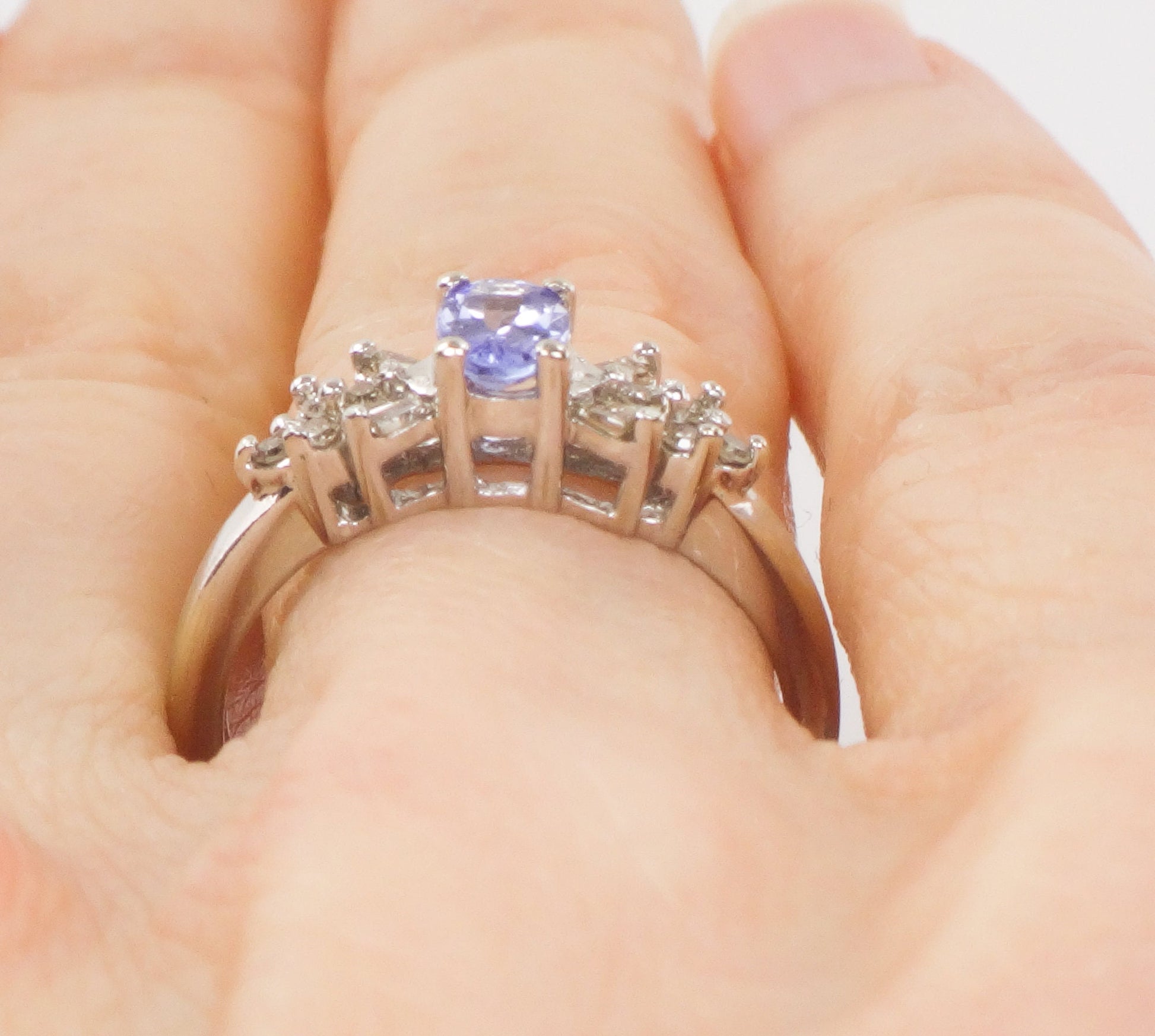 Vintage 10k White Gold Tanzanite and Natural Diamond Ring, Purple Stone Ring